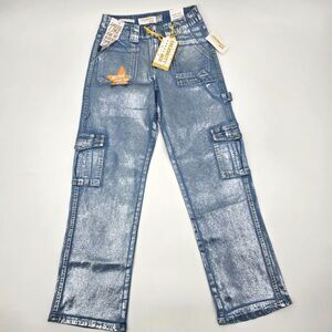 90' Skater High Rise Metallic Cargo Jeans Elastic Waist Size 7/28 NWT